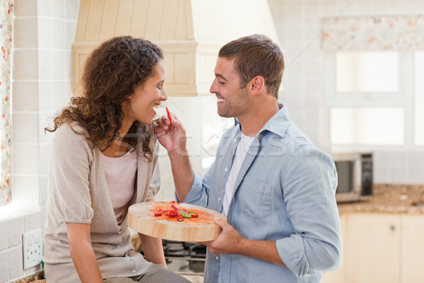 Stock foto: Mann · Ernährung · Ehefrau · Küche · home · glücklich