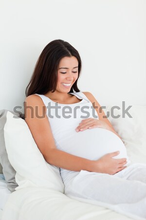 Stockfoto: Mooie · brunette · kussen · home · slaapkamer