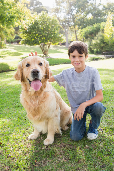 商业照片: 小· 男孩 ·狗· 公园 ·树