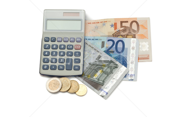 Stockfoto: Munten · cash · zak · calculator · witte · geld