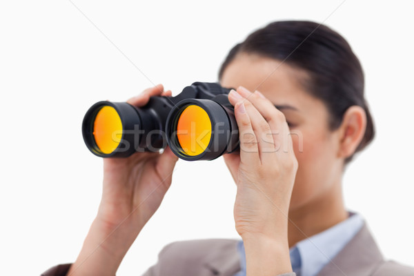 Foto stock: Morena · mujer · de · negocios · mirando · binoculares · blanco · trabajo