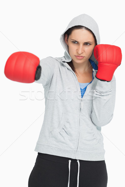 Foto stock: Morena · sudadera · boxeo · rojo · guantes · blanco