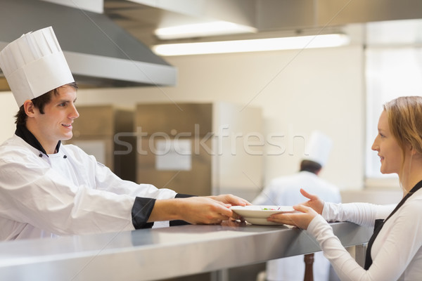 Chef giving a plate to the waitress in the restaurant Stock photo © wavebreak_media