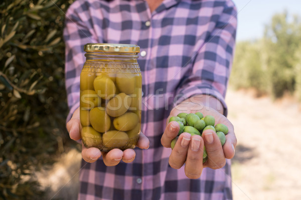 Mid section of woman holding pickled jar and harvested olives Stock photo © wavebreak_media