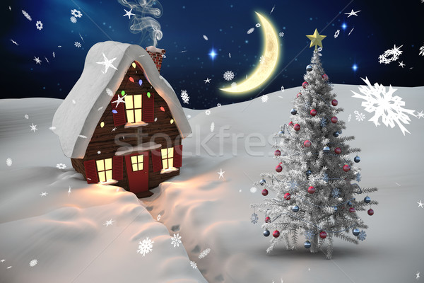 Stockfoto: Afbeelding · kerstboom · huis · sterren · nachtelijke · hemel
