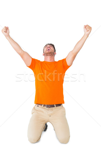 Stock foto: Aufgeregt · Mann · orange · Jubel · weiß · glücklich