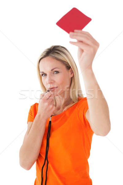 érett nő fúj síp tart piros kártya Stock fotó © wavebreak_media