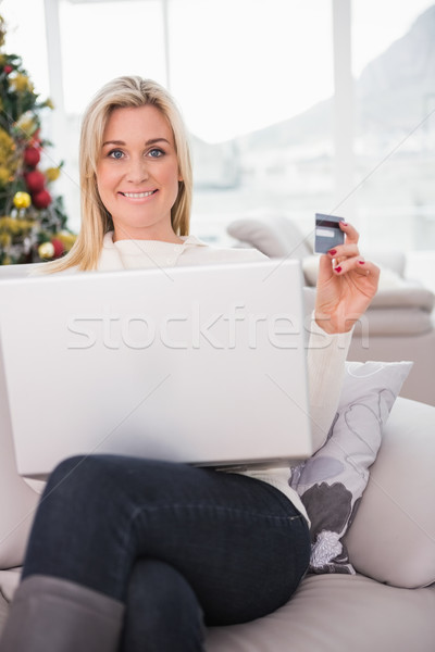 Blonde shopping online on the couch at christmas Stock photo © wavebreak_media