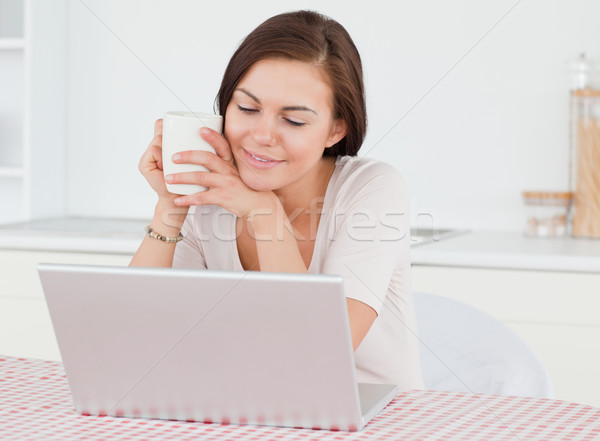 Stock photo: Cute dark-haired woman using her laptop and having a tea in her kitchen