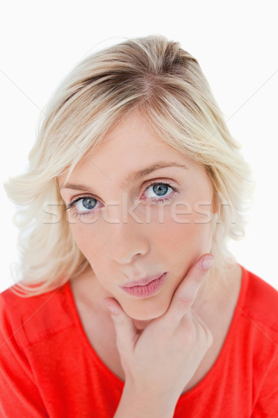 Jeune femme doigts menton blanche visage [[stock_photo]] © wavebreak_media