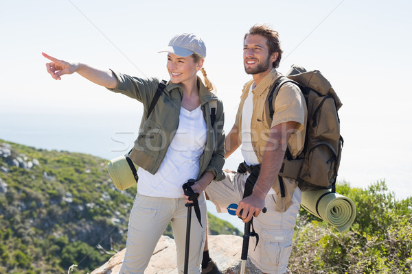 Randonnée couple pointant regarder montagne [[stock_photo]] © wavebreak_media