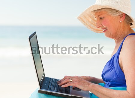 Beautiful woman in bikini using a laptop near pool Stock photo © wavebreak_media