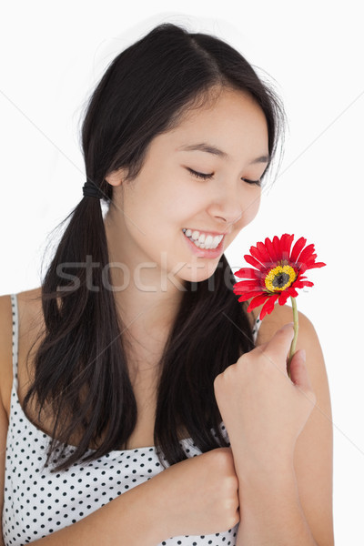 Smiling woman in pigtails holding red flower Stock photo © wavebreak_media