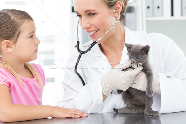 Stock fotó: állatorvos · megvizsgál · kiscica · lány · női · klinika