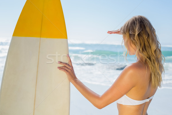 Stock foto: Surfer · weiß · bikini · halten · Bord