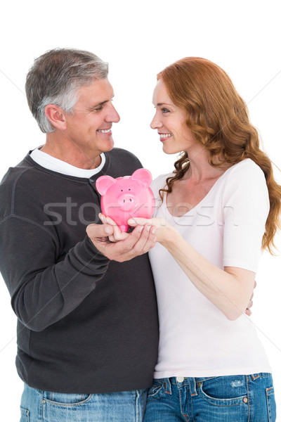 Foto stock: Casual · casal · piggy · bank · branco · mulher