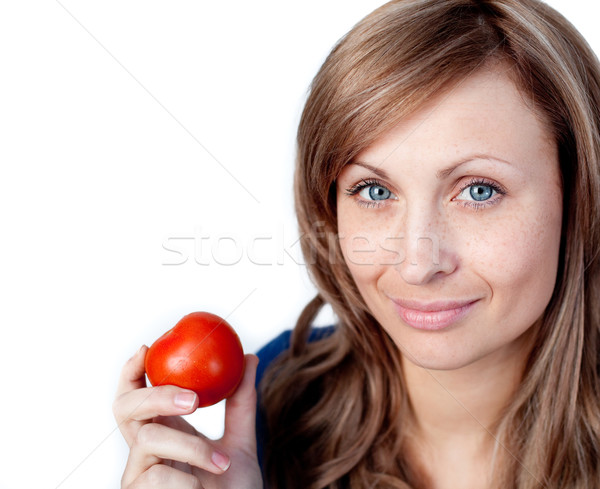 Femeie atragatoare tomate izolat alb alimente Imagine de stoc © wavebreak_media