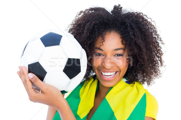 Foto stock: Bastante · futebol · ventilador · bandeira · sorridente · câmera