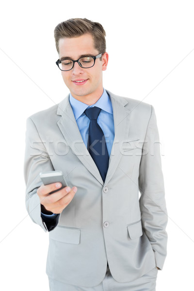 Stock fotó: üzletember · küldés · szöveg · fehér · boldog · öltöny