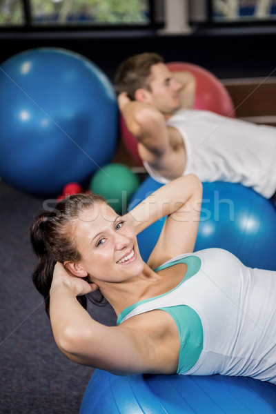 Stockfoto: Gelukkig · vrouw · fitness · bal · gymnasium