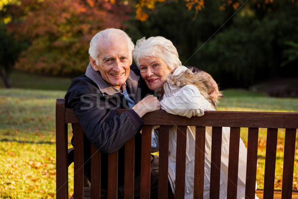 Idős pár átkarol pad park fa férfi Stock fotó © wavebreak_media
