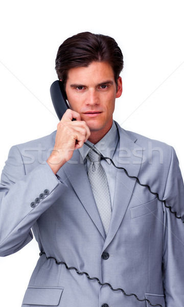 Stockfoto: Ontdaan · zakenman · omhoog · telefoon · draden · geïsoleerd