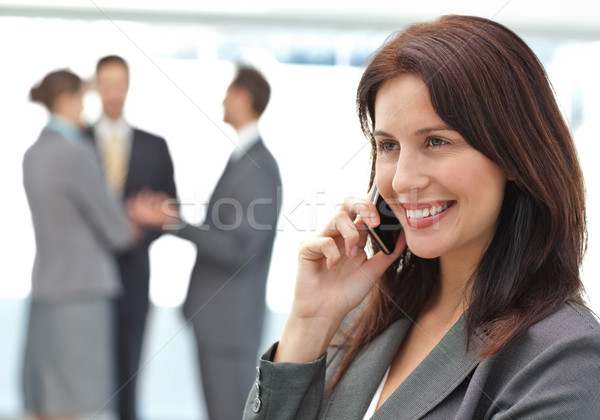 [[stock_photo]]: Heureux · femme · d'affaires · téléphone · équipe · travail · homme