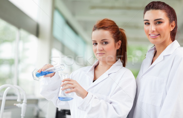 Scientists pouring blue liquid in an Erlenmeyer flask in a laboratory Stock photo © wavebreak_media