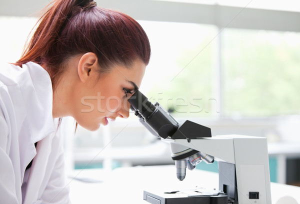 Brunetka patrząc mikroskopem laboratorium kobieta lekarza Zdjęcia stock © wavebreak_media