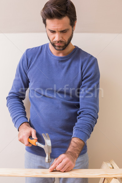 [[stock_photo]]: Homme · clou · planche · maison · salon