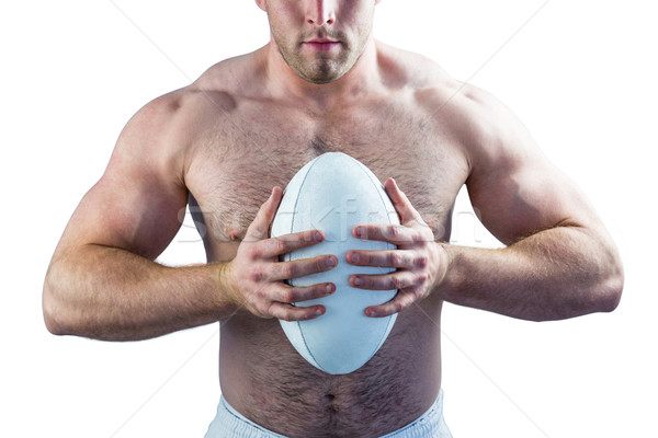 Foto stock: Sem · camisa · rugby · jogador · bola · branco