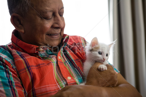 Foto stock: Senior · homem · jogar · gatinho · casa · de · repouso · feliz