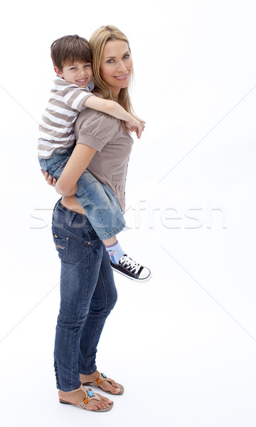 Foto d'archivio: Madre · figlio · piggyback · bianco · sorridere