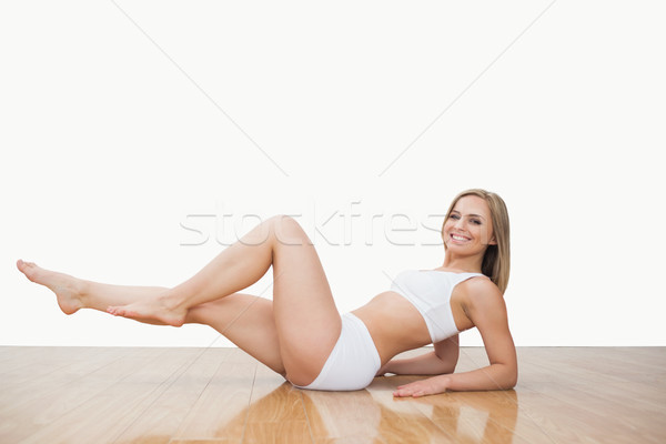 Portré fiatal nő jóga póz keményfa padló fehér női Stock fotó © wavebreak_media