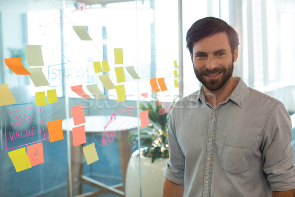 Portrait of confident businessman standing by strategy on glass at office Stock photo © wavebreak_media