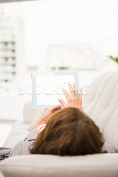 Сток-фото: случайный · деловая · женщина · расслабляющая · диване · таблетка · служба