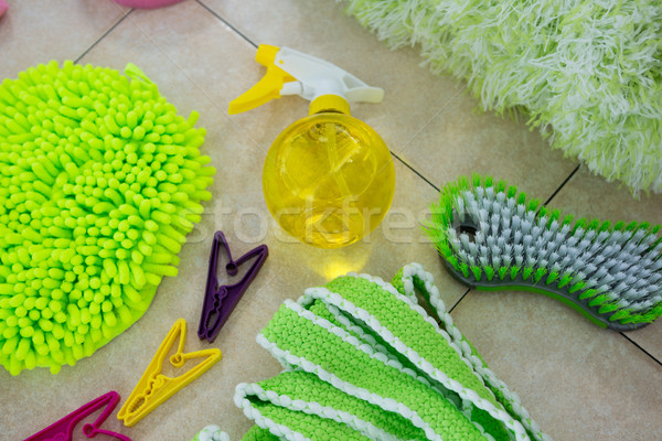 Overhead view of sponges and cleaning products on floor Stock photo © wavebreak_media