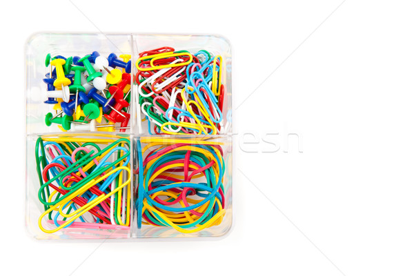 Box with multicolored of pushpins and paperclips Stock photo © wavebreak_media