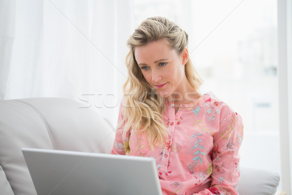 Stok fotoğraf: Güzel · sarışın · kadın · dizüstü · bilgisayar · kullanıyorsanız · ev · oturma · odası · kadın