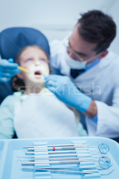 Stock photo: Male dentist examining girls teeth