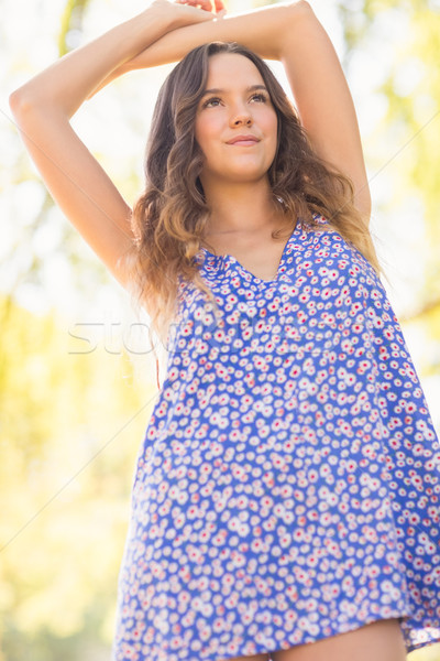 Csinos barna hajú áll karok a magasban napos idő fű Stock fotó © wavebreak_media