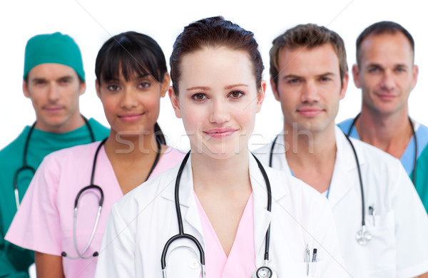 Foto stock: Retrato · grave · médicos · equipo · blanco · trabajo