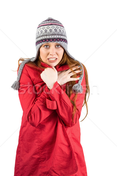 Stock fotó: Hideg · vörös · hajú · nő · visel · kabát · kalap · fehér
