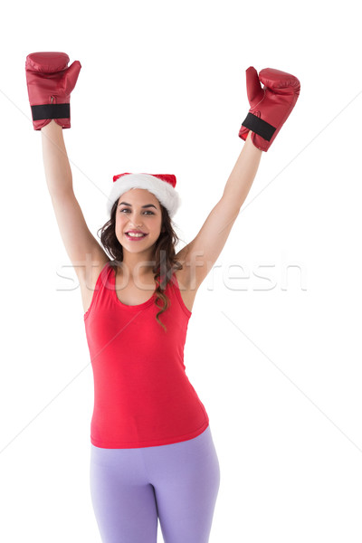 Feestelijk brunette bokshandschoenen juichen witte gelukkig Stockfoto © wavebreak_media