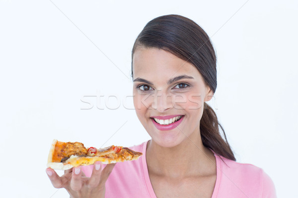 Stockfoto: Mooie · vrouw · eten · pizza · witte · gezondheid · vet