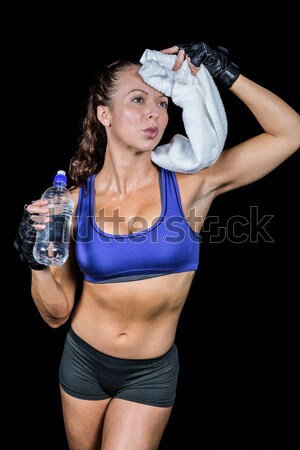 Stockfoto: Moe · vrouw · zweten · veldfles · zwarte