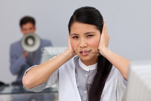 Mujer de negocios orejas colega megáfono negocios Foto stock © wavebreak_media