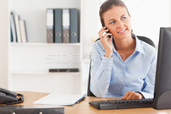Foto stock: De · trabajo · mujer · teléfono · oficina · teléfono