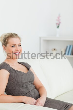 Vrouw glimlachen vergadering sofa salon hand woonkamer Stockfoto © wavebreak_media