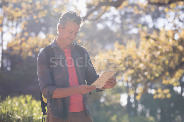 Volwassen man lezing kaart bos boom Stockfoto © wavebreak_media